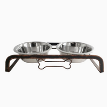 Load image into Gallery viewer, Jojo Rustic Dog Bone Feeder w/ 2 Stainless Steel Dog Bowls