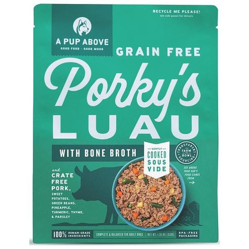 A pup above Porky-s Luau Grain free