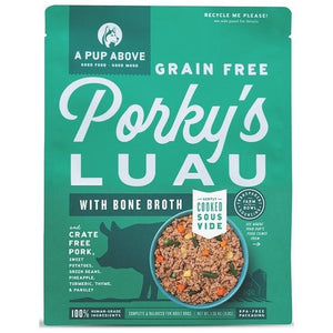 A pup above Porky-s Luau Grain free