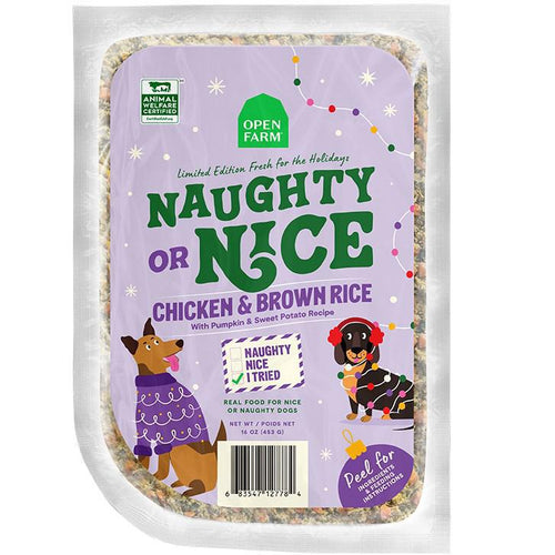 Open farm gently cooked naughty or nice chicken brown rice 16 oz