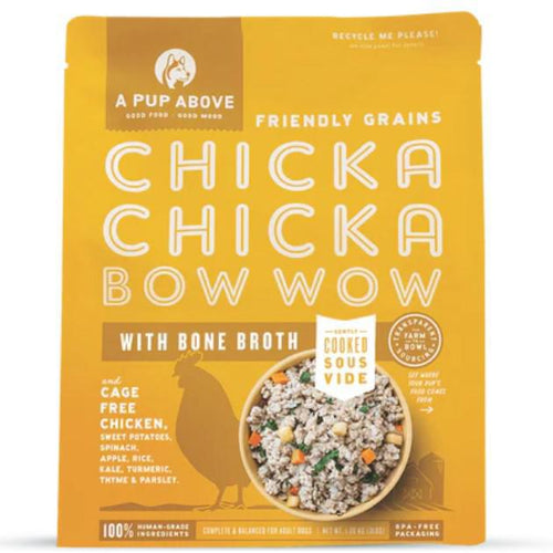 A pup above Chicka chicka bow wow Grain free